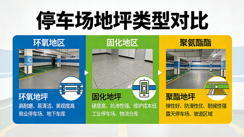 停车场地坪怎么选？环氧、固化、聚氨酯三大类型对比，性价比之王是谁